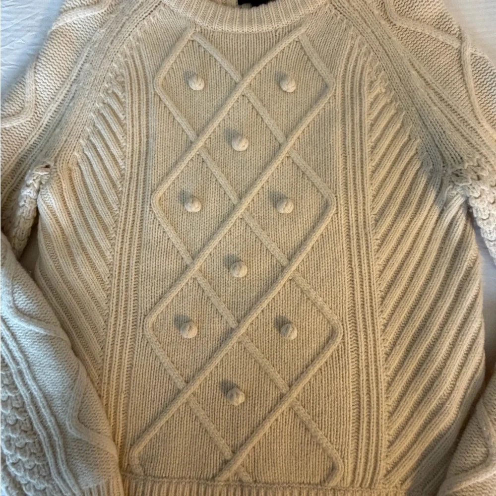 J. Crew Pom Pom Cable Knit Wool Sweater vintage-inspired chunky diamond beige SM